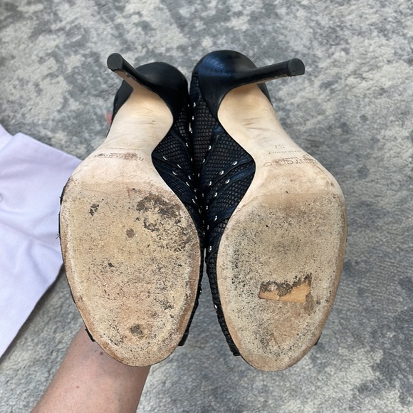 SOLD Jimmy Choo Karina Black Fishnet Studded Calf Leather Cage Heels with Box 37 - Picture 10 of 16